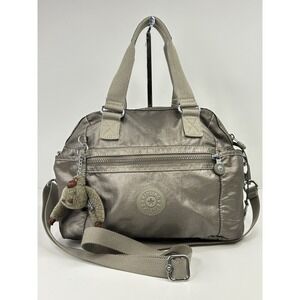 Kipling Purse Marie Silver Gray Satchel Bag Crossbody Strap Zipper Monkey Charm